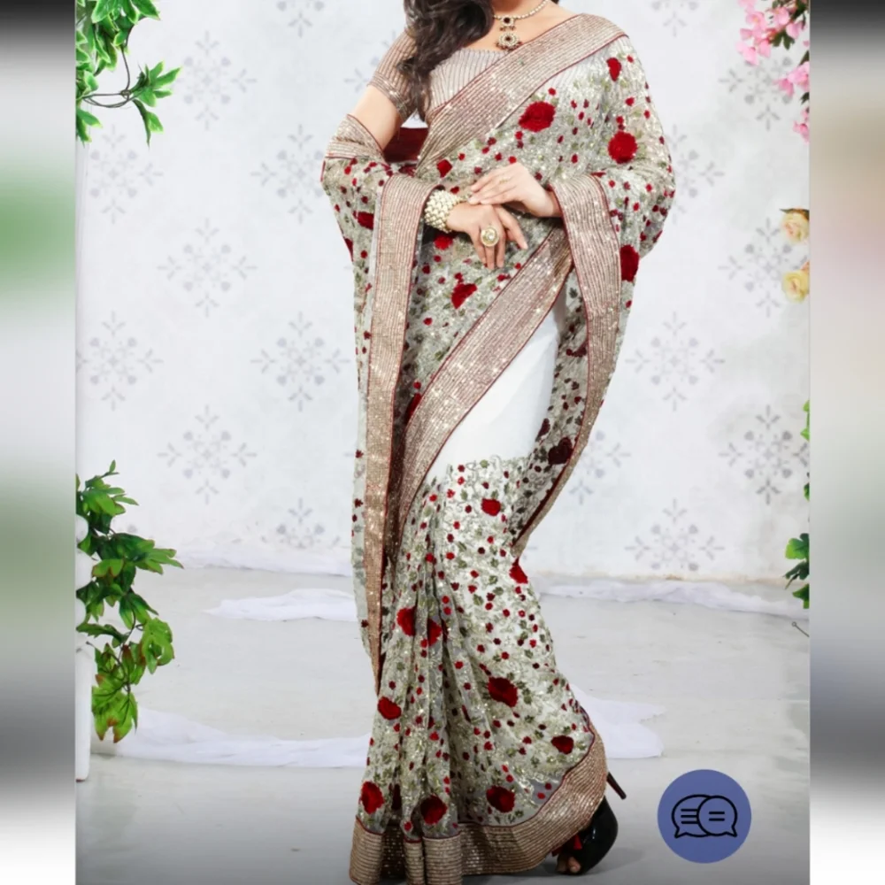 DESIGNER Rose Sequinned Net half and half Saree w/ blouse - Picture 1 of 13